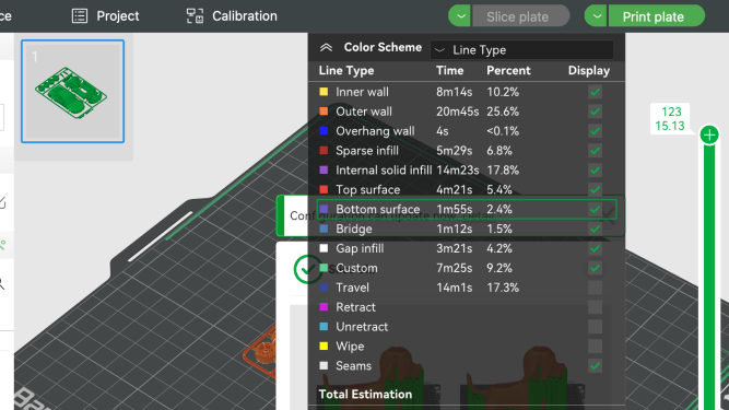 3D slicer software interface displaying print time breakdown by line type.