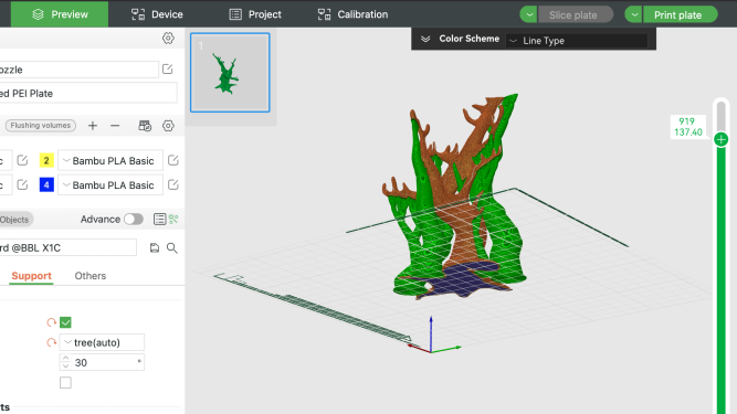 3D slicer preview showing generated tree supports on a complex model.