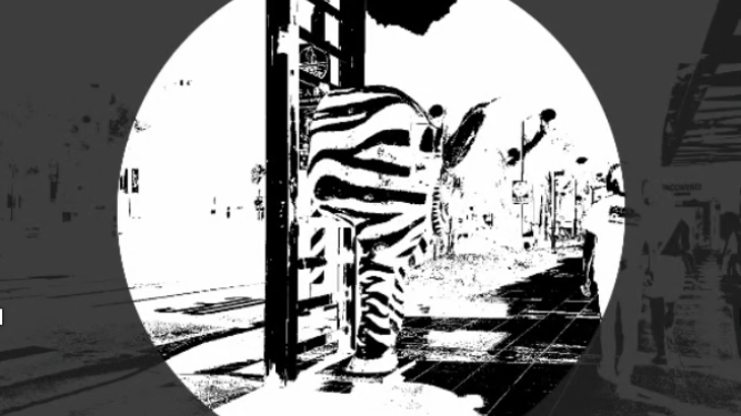 A high-contrast, black-and-white circular vignette graphic depicting a city sidewalk.