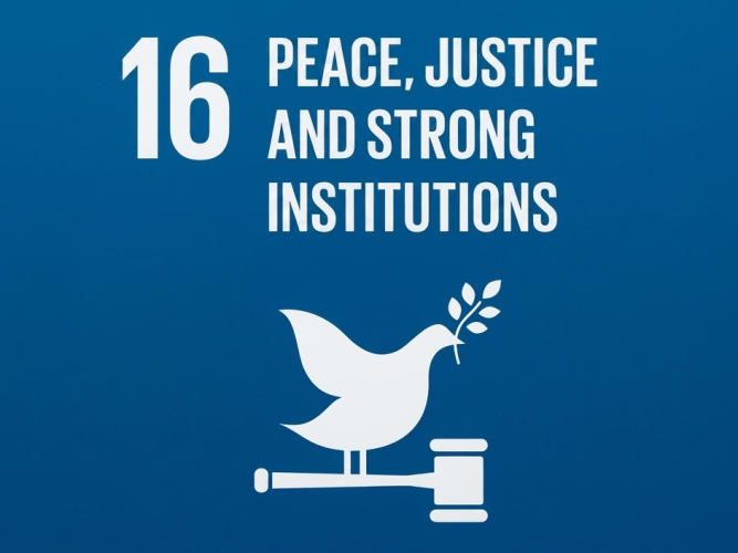 UN Sustainable Development Goal 16: Peace, Justice and Strong Institutions official icon.