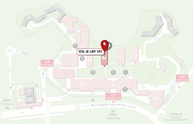 A campus map that shows the location of OSL's office at LBY101.