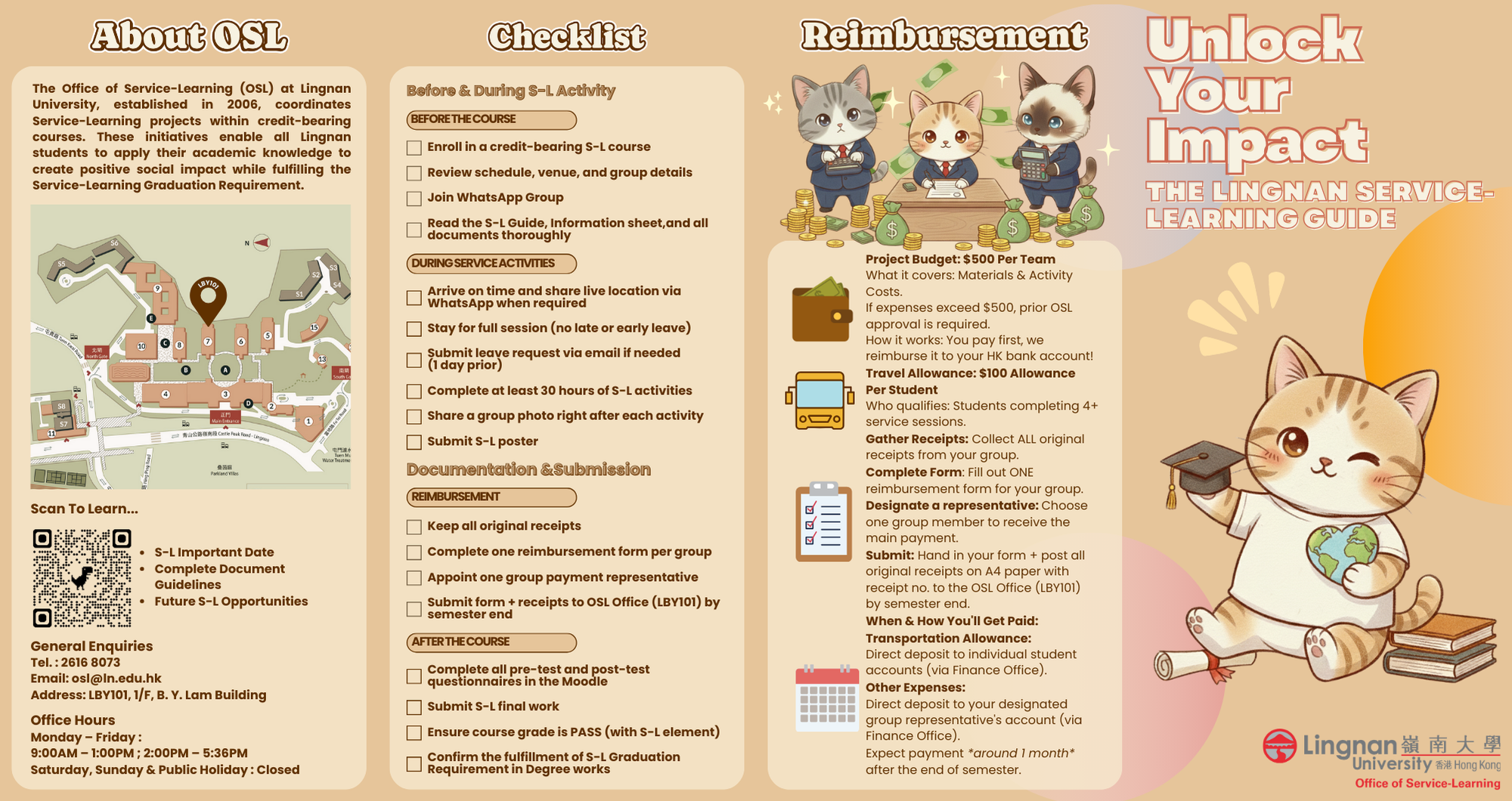 Lingnan University Service-Learning Guide brochure covering graduation requirements, tasks to fulfill, and key guidelines.