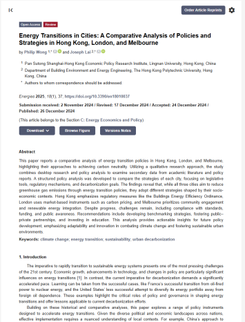 Energy Transitions in Cities: A Comparative Analysis of Policies and Strategies in Hong Kong, London, and Melbourne