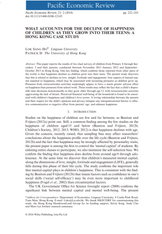 Full View What accounts for the decline of happiness of children as they grow into their teens: A Hong Kong case study