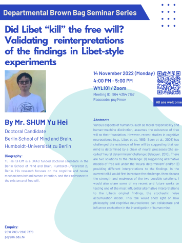 Did Libet “kill” the free will Validating reinterpretations of the findings in Libet-style experiments by Mr. SHUM Yu Hei