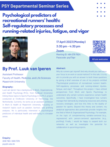 Psychological predictors of recreational runners’ health: Self-regulatory processes and running-related injuries, fatigue, and vigor by Prof. Luuk van IPEREN