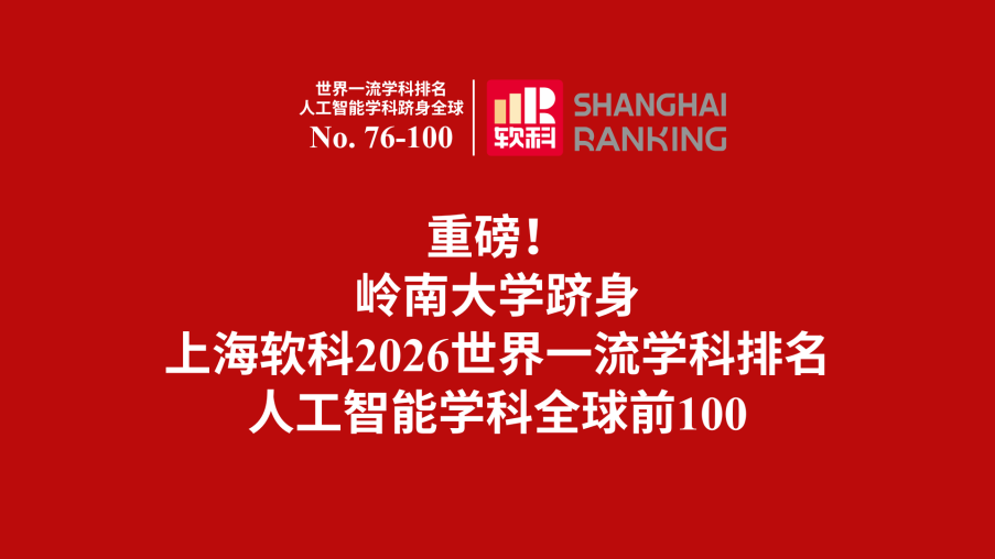 嶺南大學躋身上海軟科 2026 世界一流學科排名人工智能學科全球前 100 Image