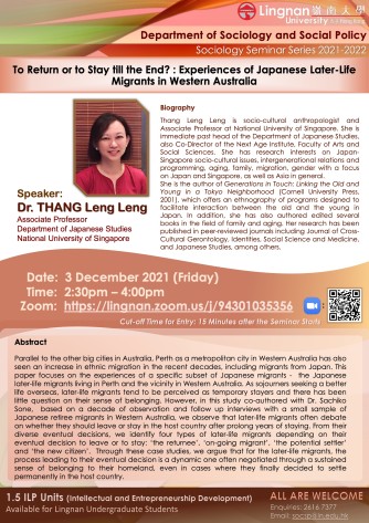 To Return or to Stay till the End? : Experiences of Japanese Later-Life Migrants in Western Australia